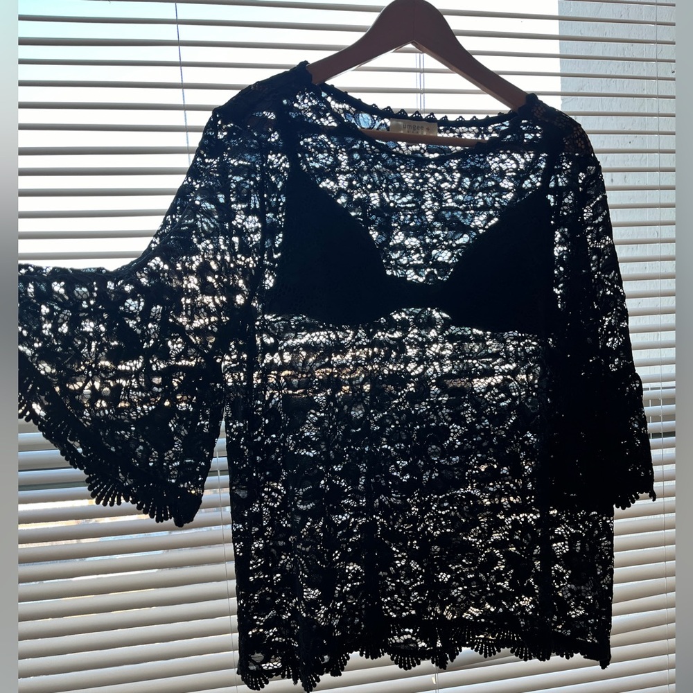 Black Lace Semi Sheer Top 90s Whimsigoth Romantic Neo-Victorianism Lingerie - Picture 4 of 9
